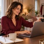 Une créatrice adulte prépare son matériel webcam à son bureau.