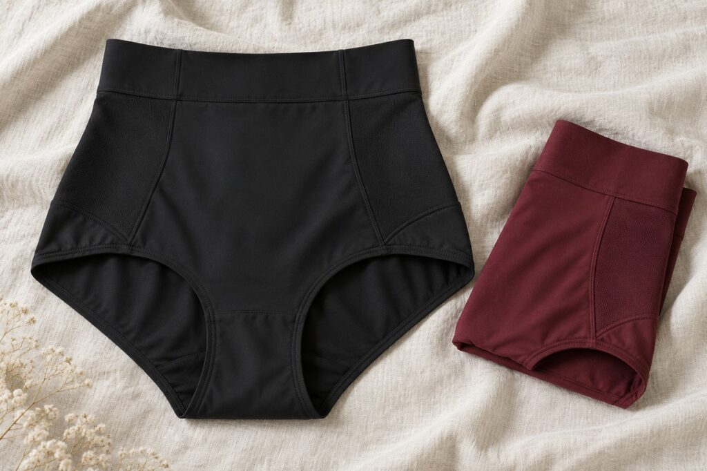 Culotte haute noire et lingerie bordeaux pliée sur du lin clair.