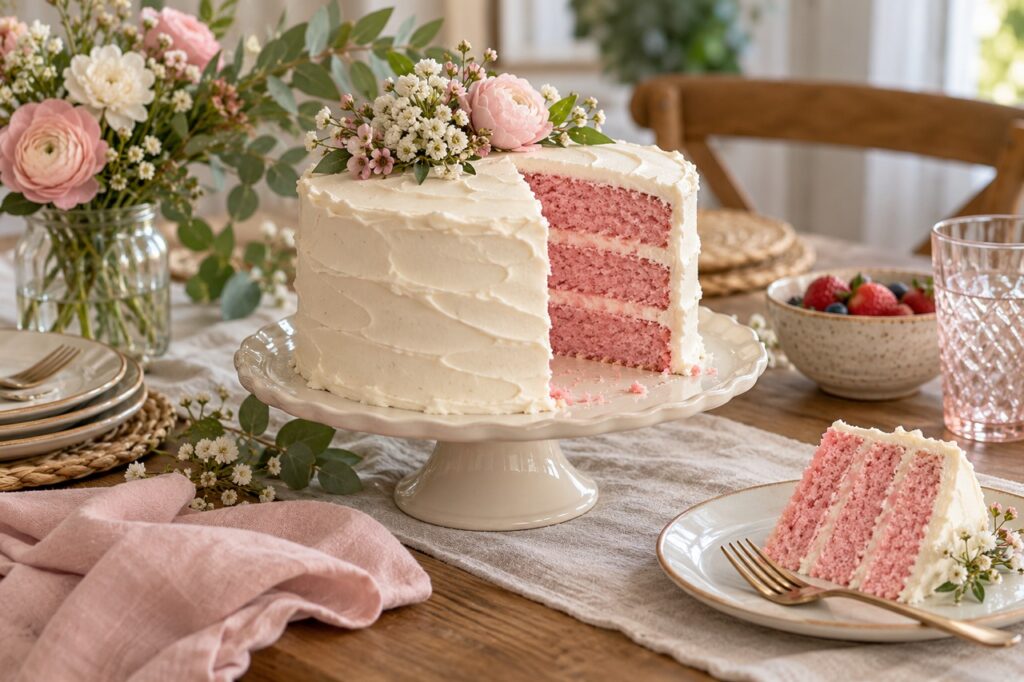 Gâteau blanc découpé révélant des couches roses pour une gender reveal.