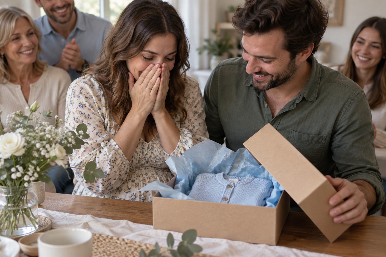 Boîte surprise contenant un petit vêtement bleu pour annoncer le sexe du bébé.