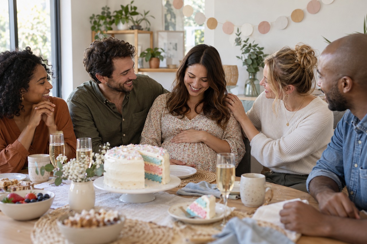 Petit goûter familial à la maison avec une future maman assise autour de la table.