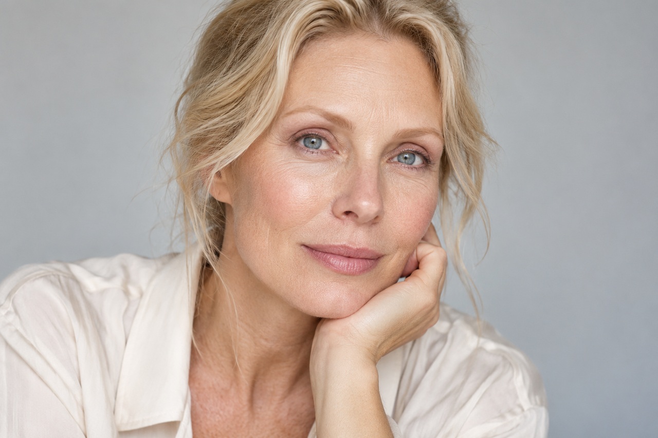 Femme blonde aux cils clairs avec un voile de fard rosé.