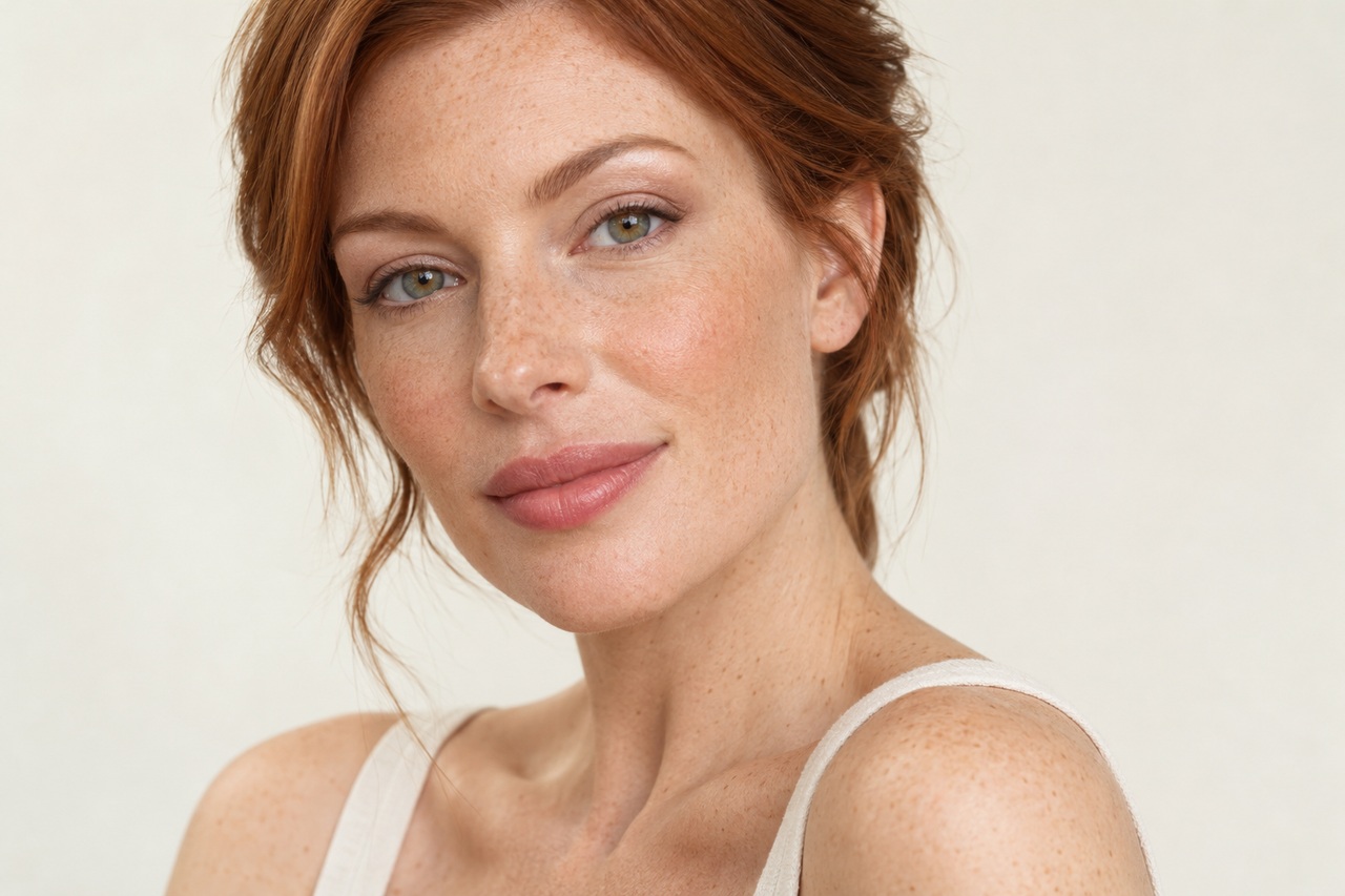 Portrait aux cils naturels et au maquillage taupe discret.