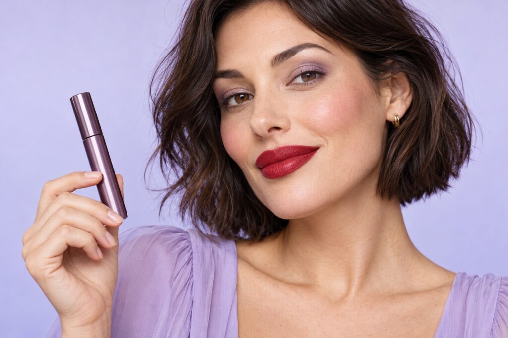 Portrait beauté avec une bouche rouge, des cils nus et un tube de mascara fermé.
