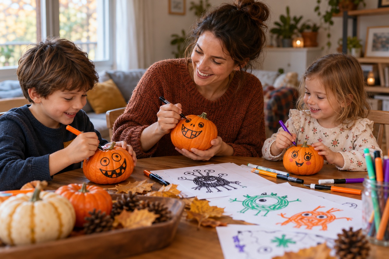 Une mère et deux enfants dessinent des monstres amusants et décorent des citrouilles à la maison.