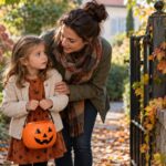 Un enfant au panier citrouille reste près de sa mère attentive devant un portillon décoré pour Halloween.