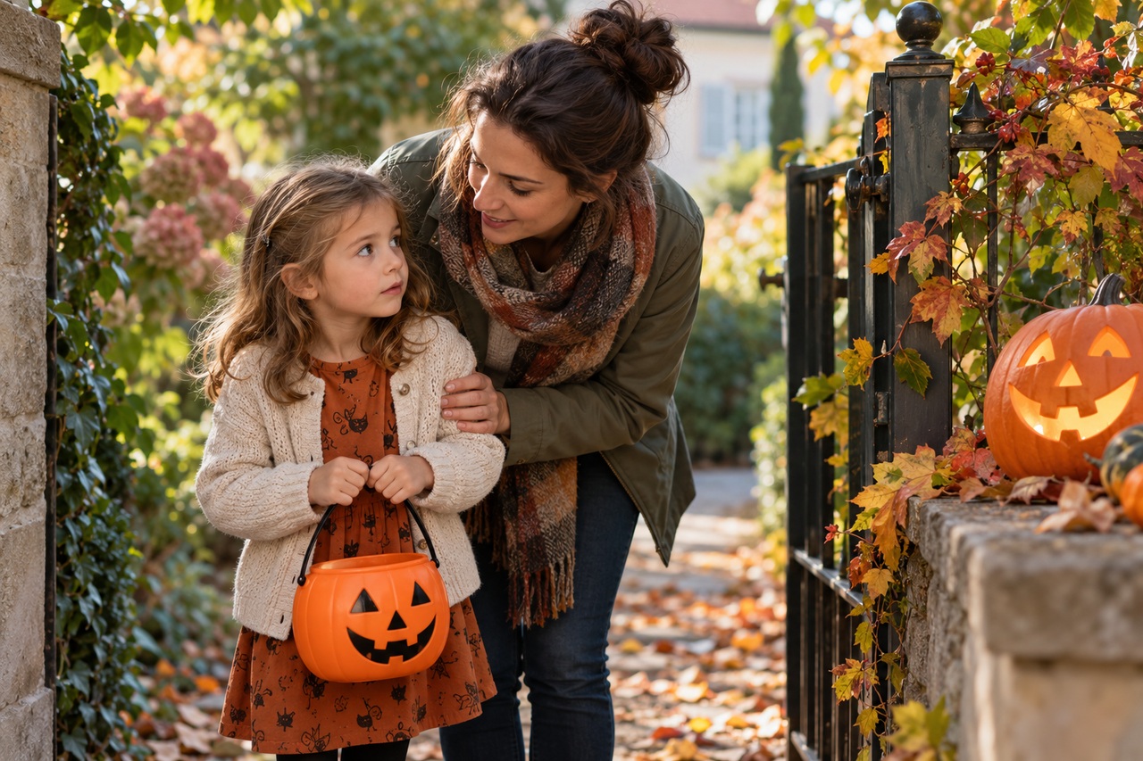 Un enfant au panier citrouille reste près de sa mère attentive devant un portillon décoré pour Halloween.