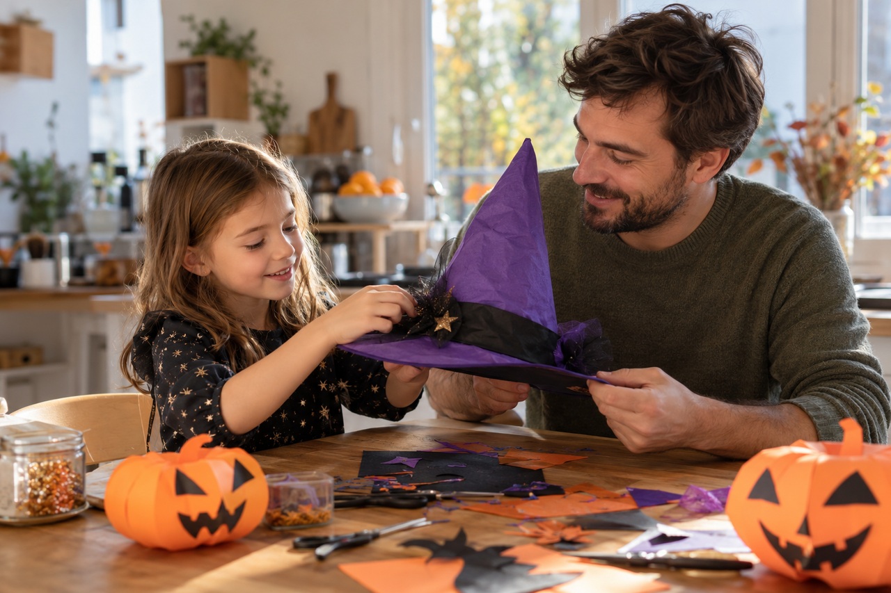 Un père et sa fille préparent un chapeau de sorcière à la table de la cuisine.