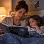 Une mère lit une histoire à sa fille avant le coucher.