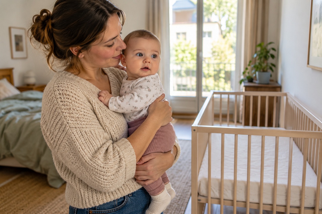 Une mère tient son bébé éveillé près du lit à barreaux.
