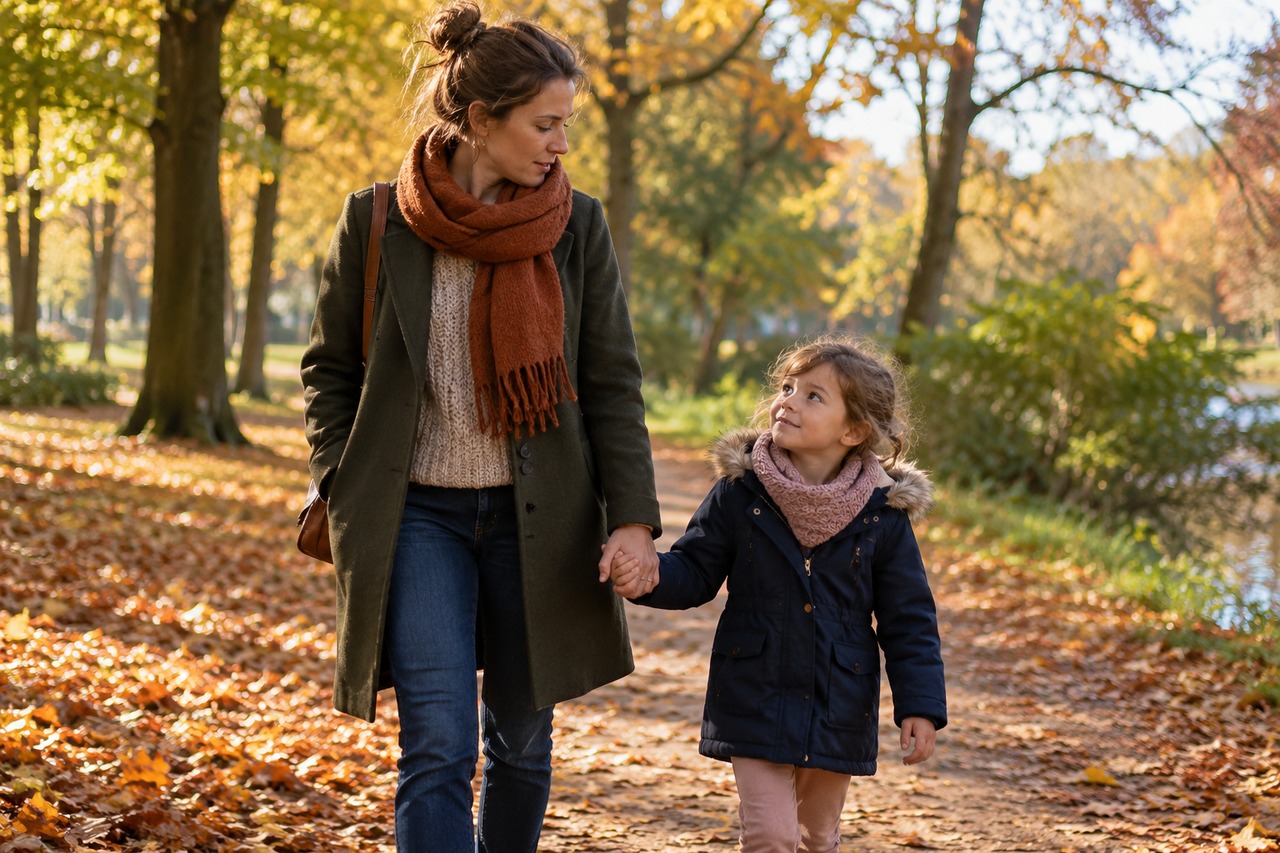 Une mère et son enfant se promènent dans un parc en automne.