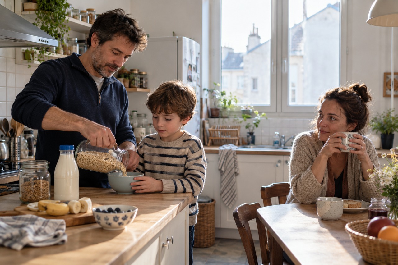 Un père et son enfant préparent le petit-déjeuner pendant que la mère est à table.