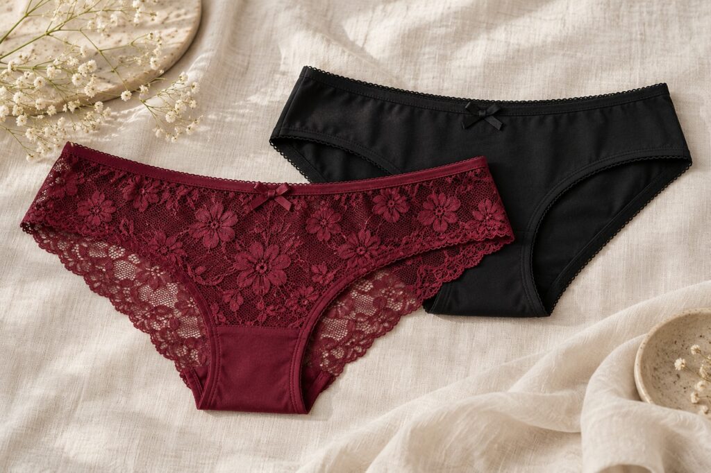 Culottes hipster bordeaux en dentelle et noire présentées sur du lin clair.