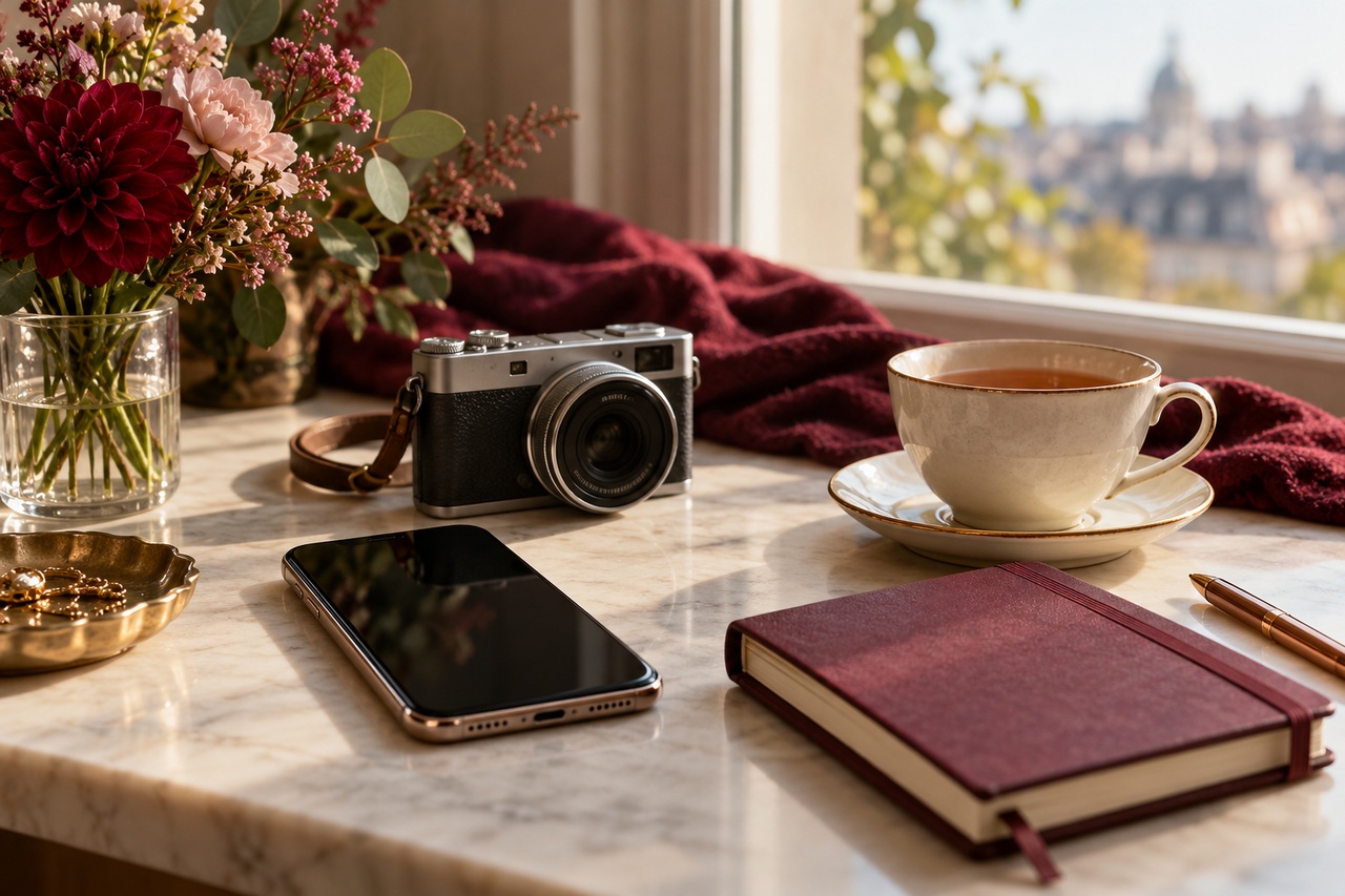 Smartphone, appareil photo et carnet sur un bureau près d’une fenêtre.