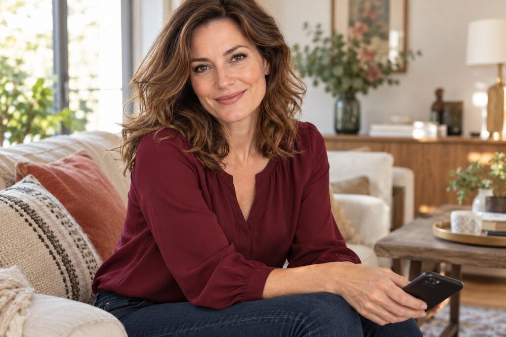 Portrait éditorial d’une femme adulte en blouse bordeaux dans un salon lumineux.