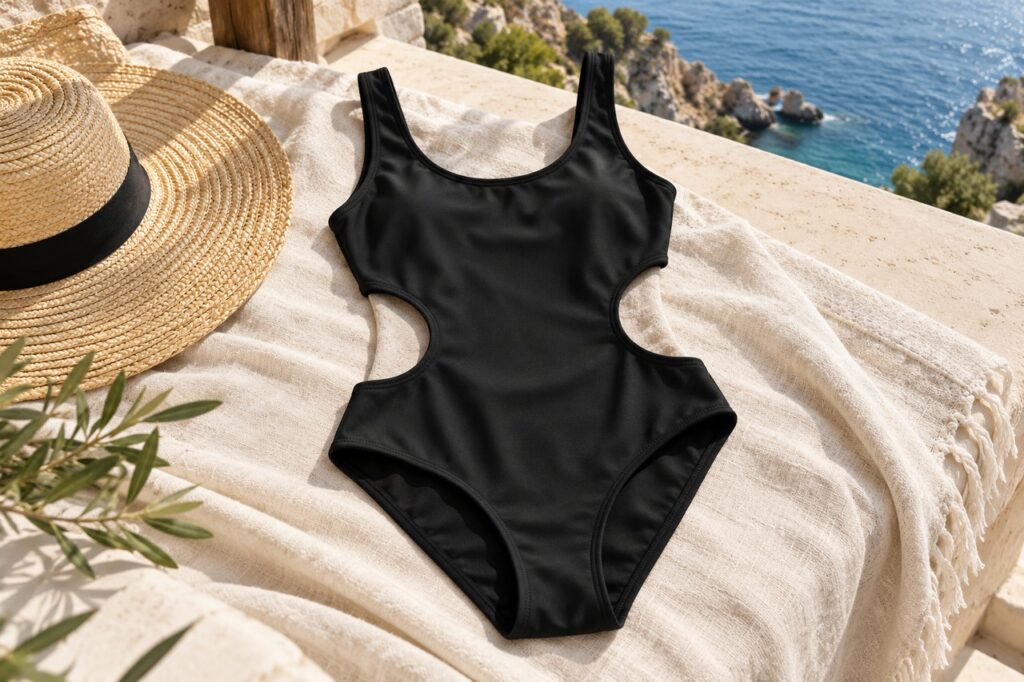 Maillot une pièce noir à découpes latérales posé sur du lin.