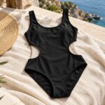 Maillot une pièce noir à découpes latérales posé sur du lin.