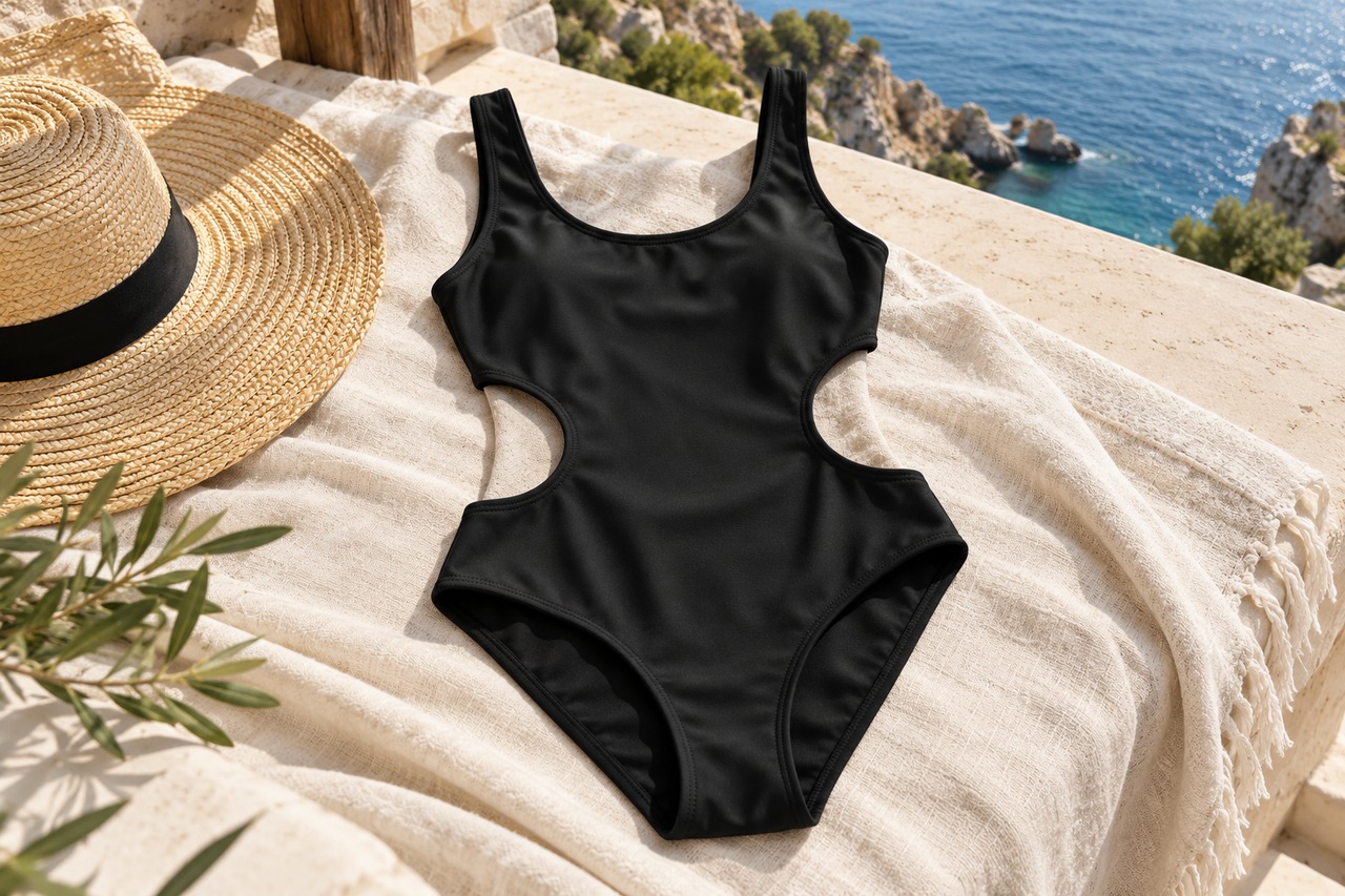 Maillot une pièce noir à découpes latérales posé sur du lin.