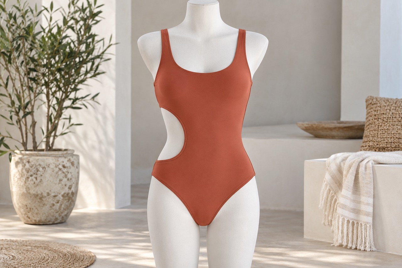 Maillot une pièce terracotta avec une découpe asymétrique sur mannequin.