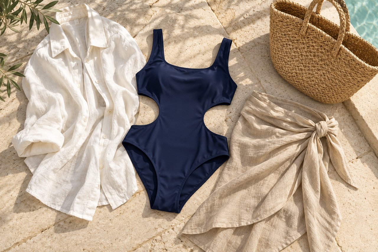 Maillot une pièce bleu à découpes présenté avec une chemise et une jupe.