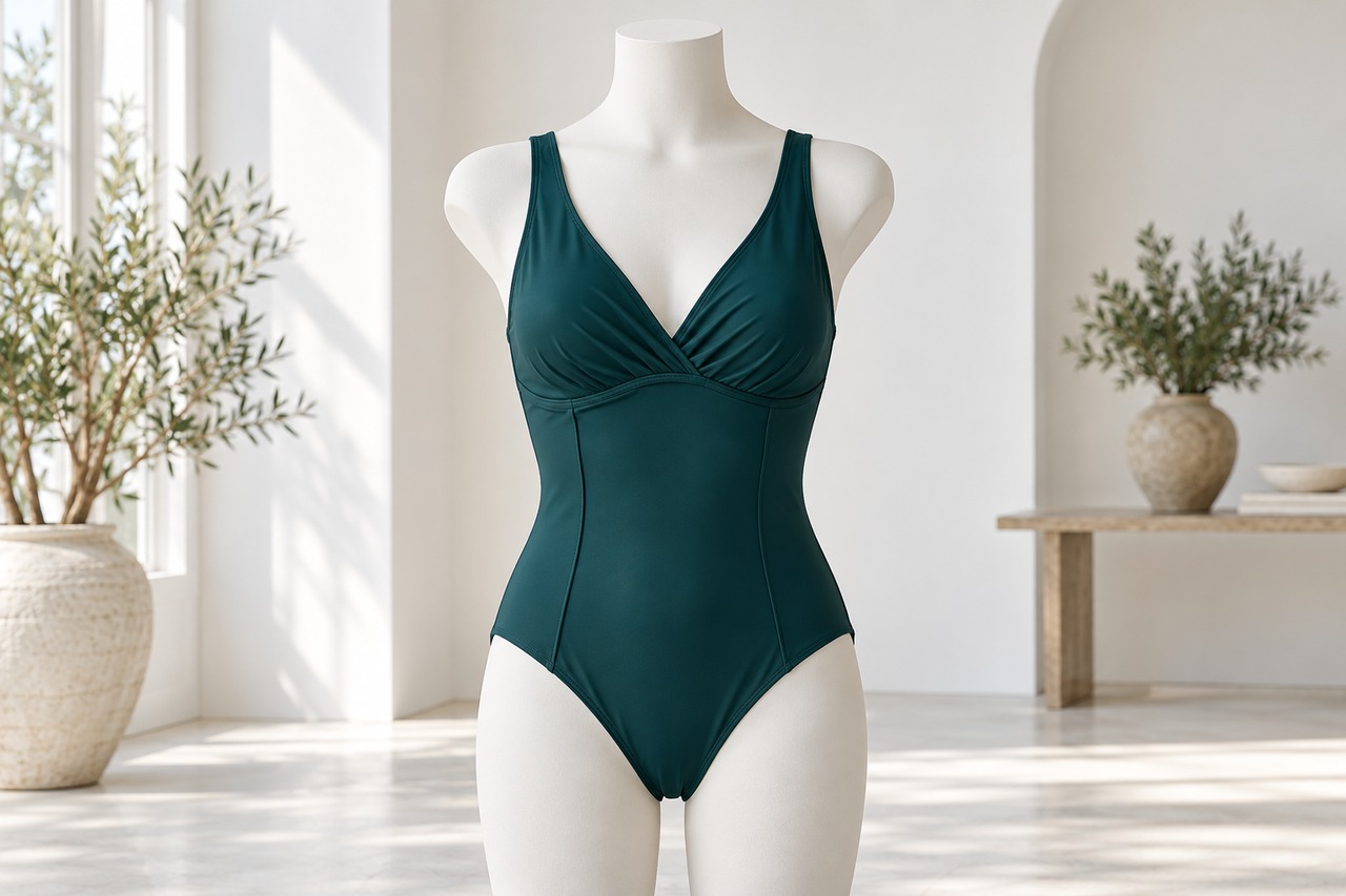 Maillot une pièce vert à décolleté en V sur un mannequin de présentation.