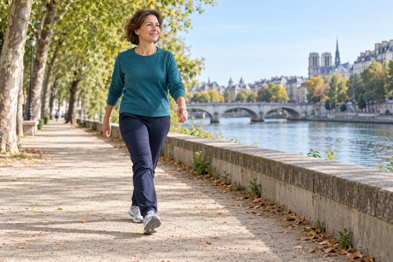 Femme adulte marchant d’un pas dynamique sur un chemin au bord d’une rivière.
