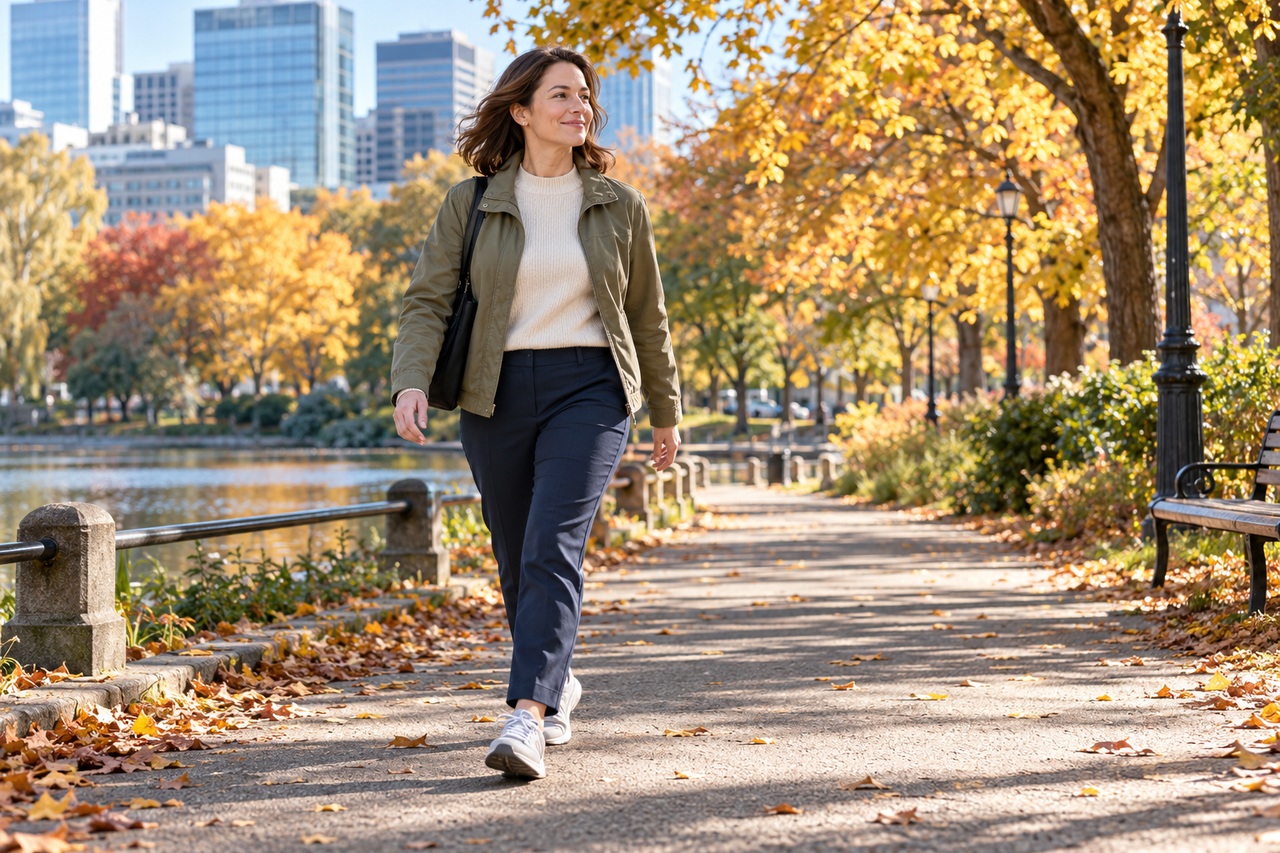 Femme en tenue confortable marchant dans un parc urbain à la lumière du jour en automne.