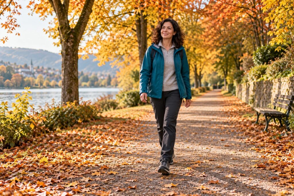 Femme en veste bleu canard marchant sur une allée de parc bordée d’arbres dorés en automne.