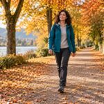 Femme en veste bleu canard marchant sur une allée de parc bordée d’arbres dorés en automne.