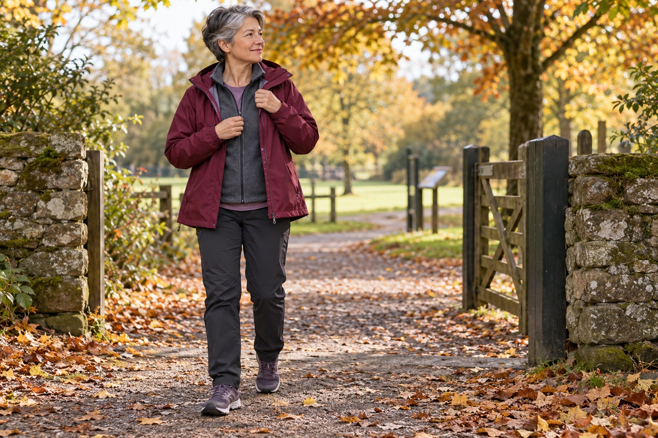 Femme en veste de pluie bordeaux ouverte sur une couche chaude pour une marche d’automne.