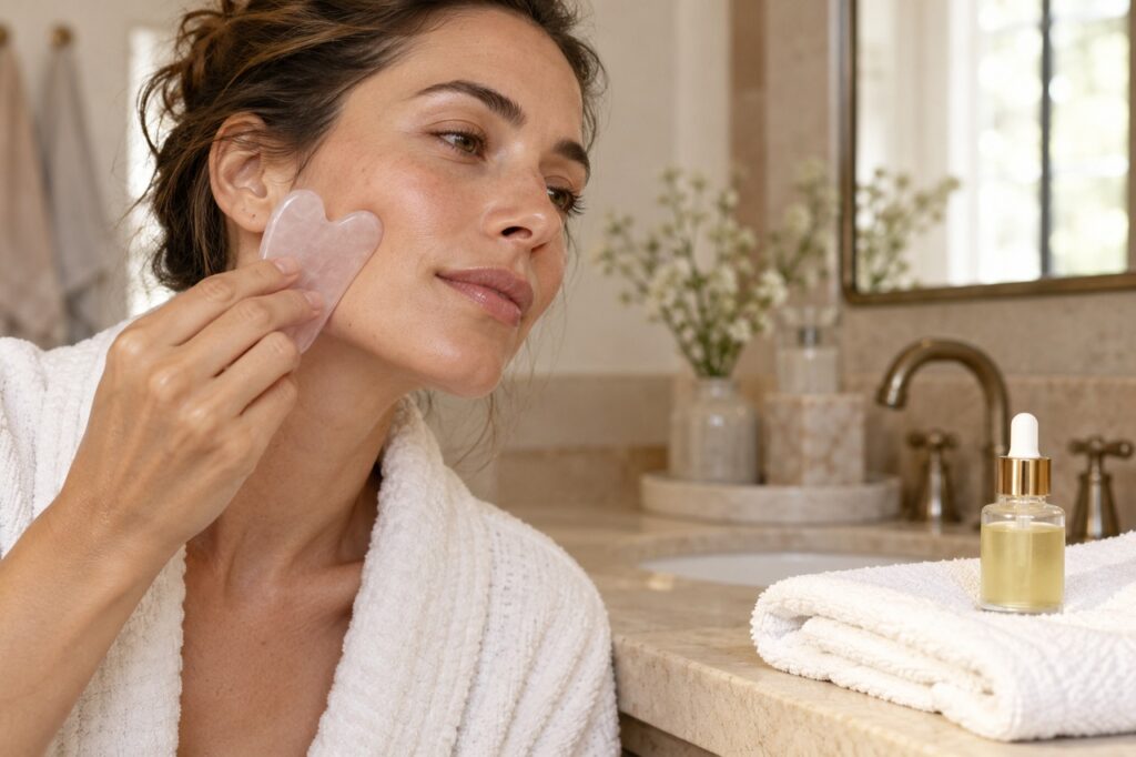 Femme tenant un gua sha en quartz rose près de sa joue, avec un soin et des serviettes sur le lavabo.