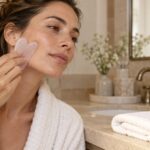Femme tenant un gua sha en quartz rose près de sa joue, avec un soin et des serviettes sur le lavabo.