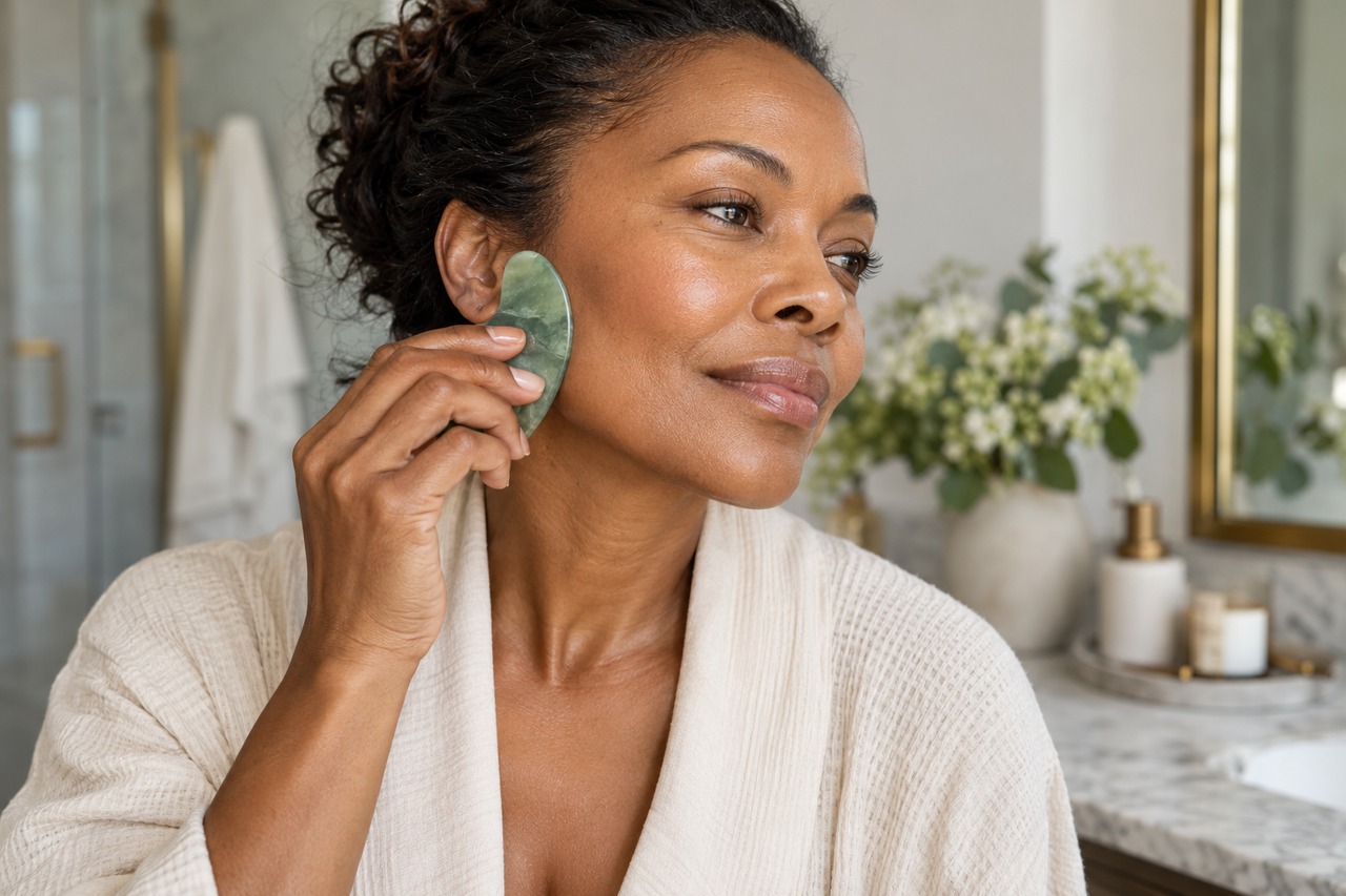Femme utilisant un gua sha en jade sur le contour du visage.