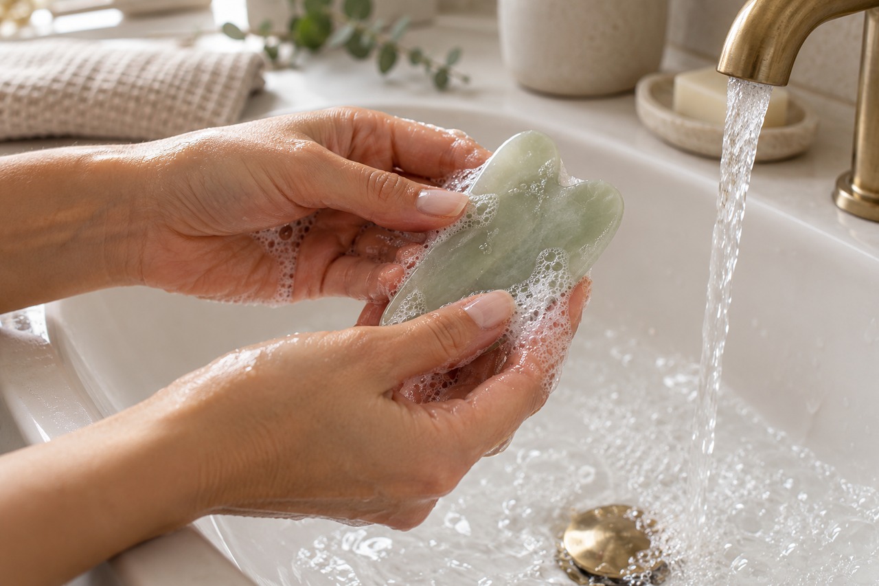 Outil de gua sha lavé avec de la mousse savonneuse dans un lavabo.
