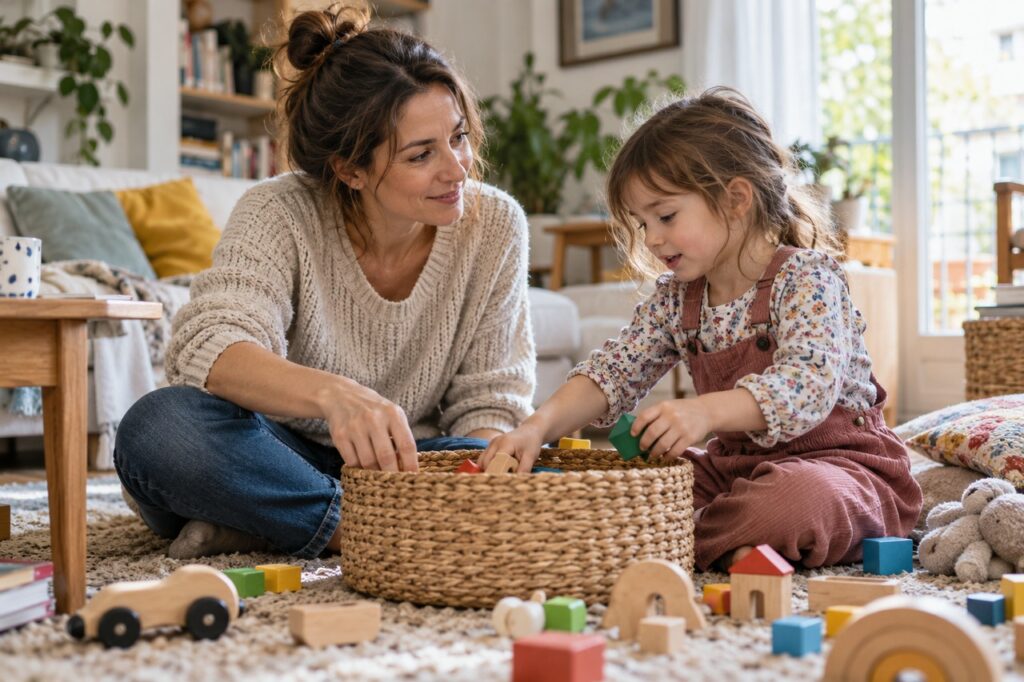 Mère assise près de son jeune enfant dans un salon, partageant un moment autour du rangement de jouets.