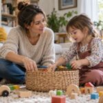 Mère assise près de son jeune enfant dans un salon, partageant un moment autour du rangement de jouets.