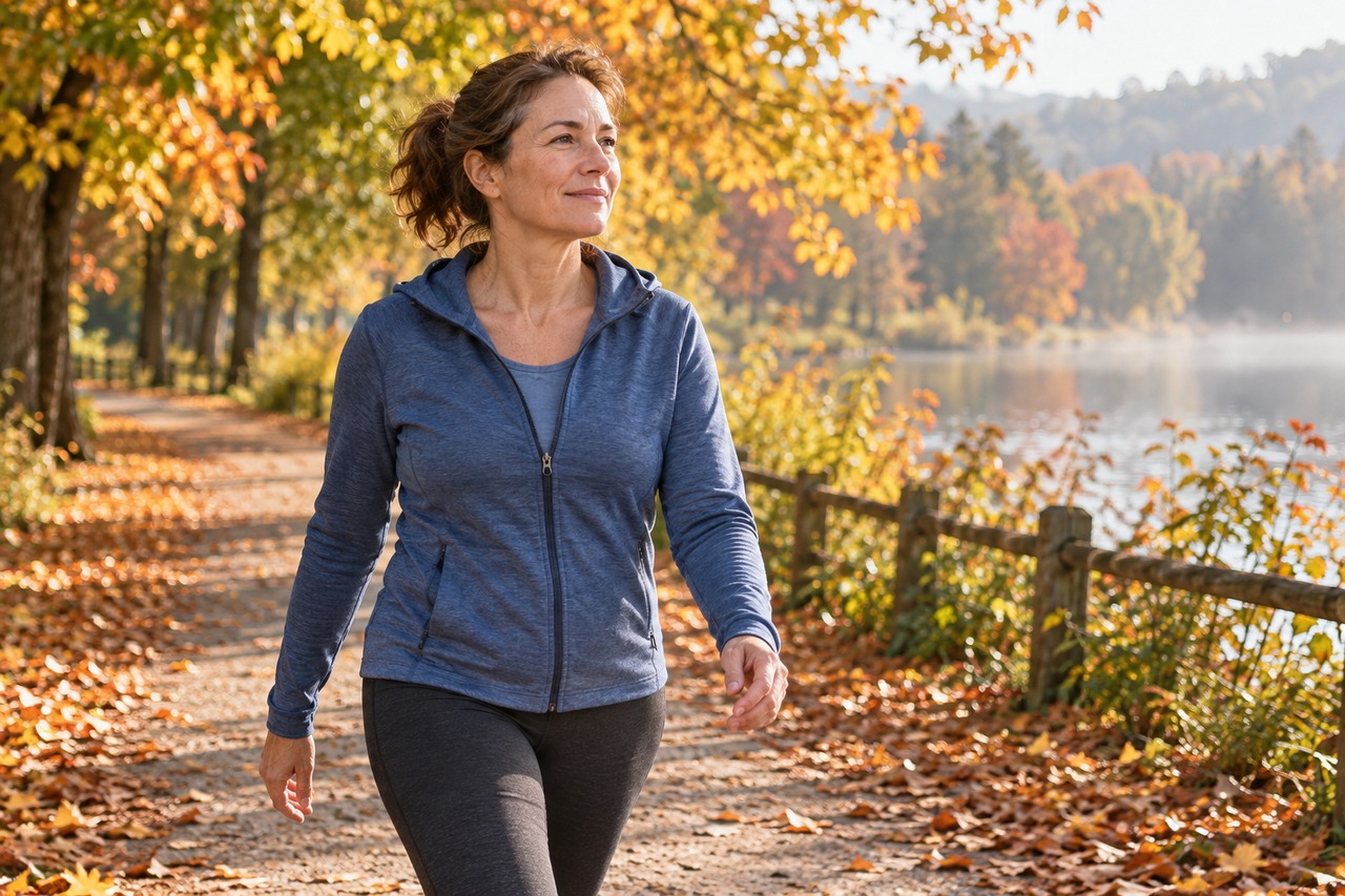 Une femme adulte marche tranquillement sur un chemin de parc en automne.