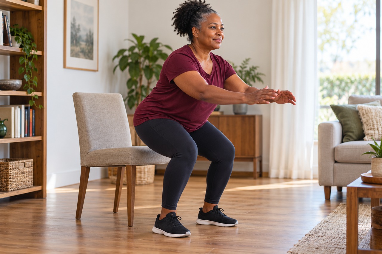 Une femme adulte réalise un lever de chaise à la maison.