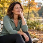 Une femme adulte en tenue de sport prend une pause sur un banc dans un parc.