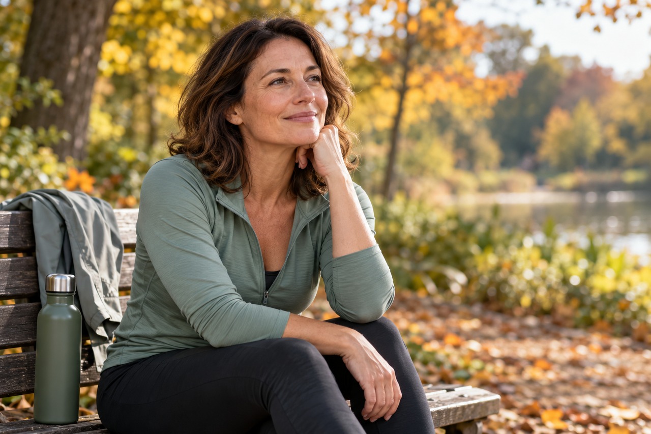 Une femme adulte en tenue de sport prend une pause sur un banc dans un parc.
