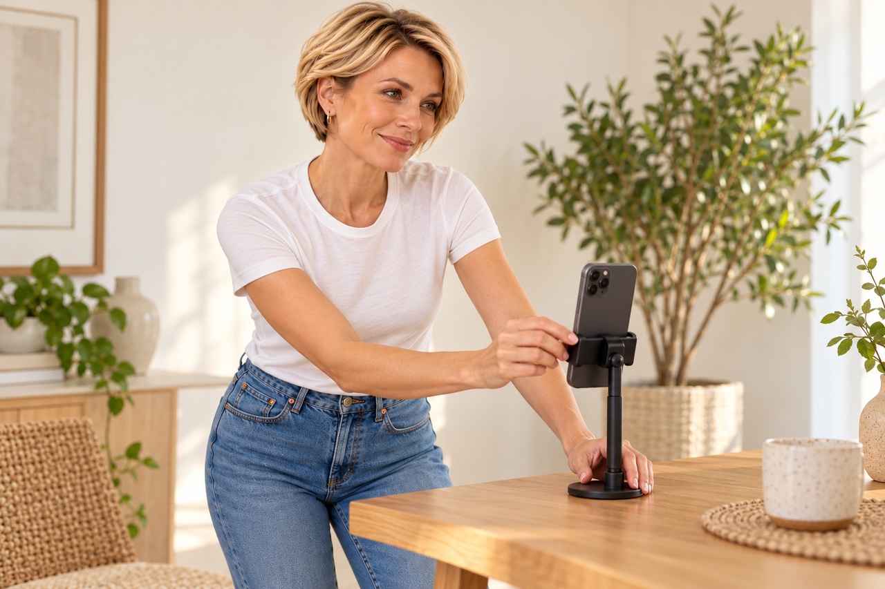 Femme habillée ajustant un téléphone sur un support pour préparer un autoportrait dans une pièce claire.