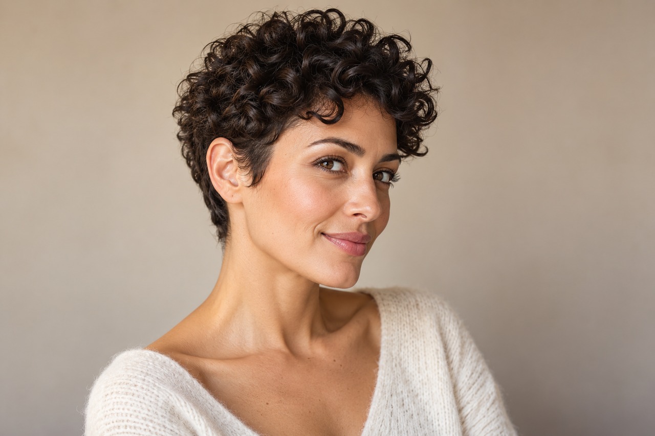 Femme aux cheveux bruns bouclés portant un pixie avec des côtés courts et du volume sur le dessus.