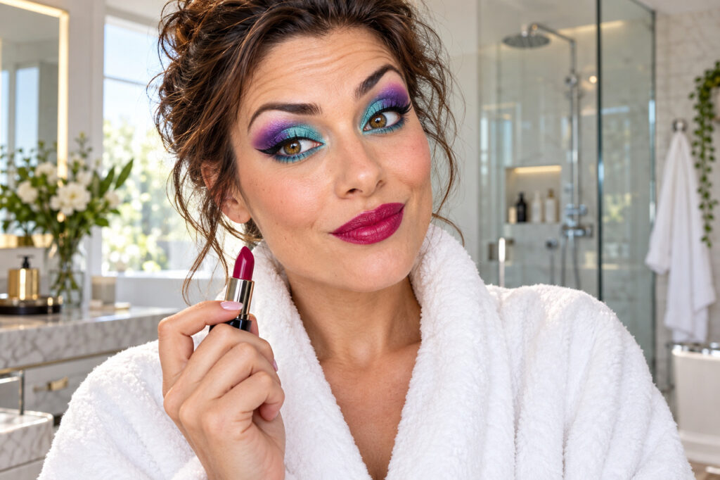 Femme en peignoir, maquillage violet et turquoise, sourcil levé et rouge à lèvres en main dans sa salle de bains.