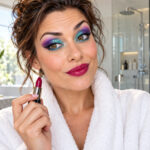 Femme en peignoir, maquillage violet et turquoise, sourcil levé et rouge à lèvres en main dans sa salle de bains.