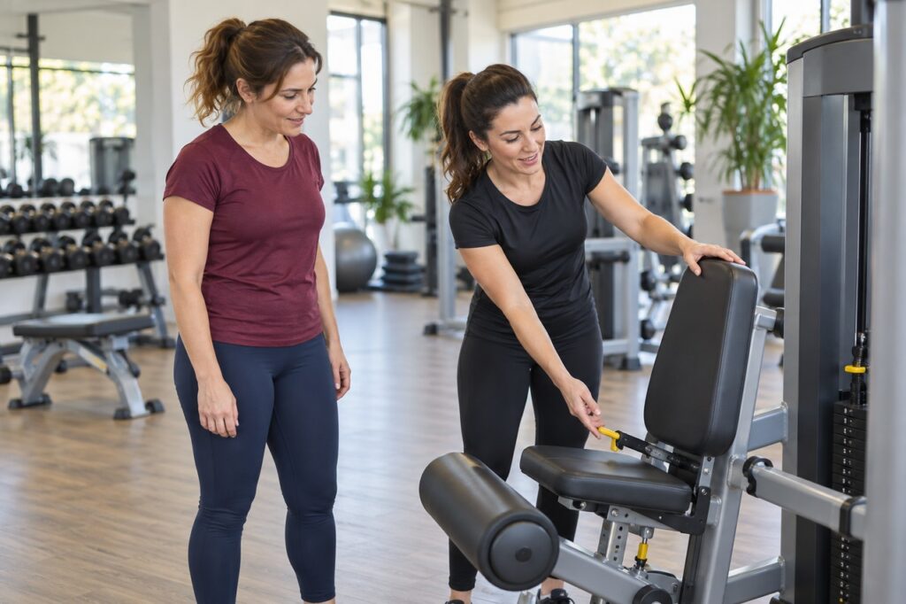 Coach expliquant le réglage d’une machine à une femme débutante dans une salle de sport.