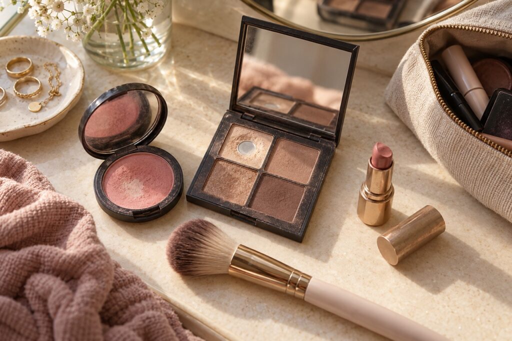 Une palette de fards entamée, un blush et un rouge à lèvres utilisés sur une coiffeuse.