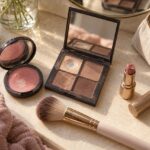 Une palette de fards entamée, un blush et un rouge à lèvres utilisés sur une coiffeuse.