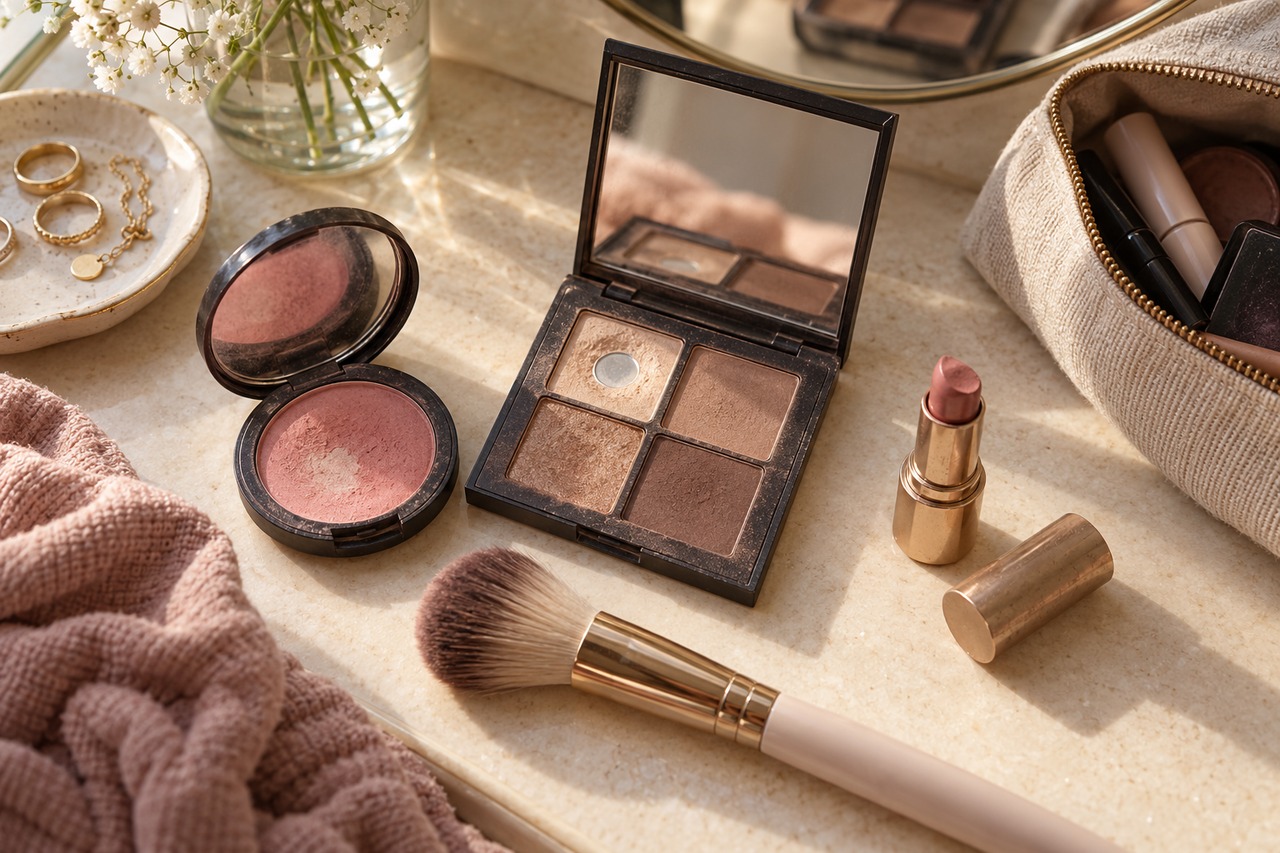 Une palette de fards entamée, un blush et un rouge à lèvres utilisés sur une coiffeuse.