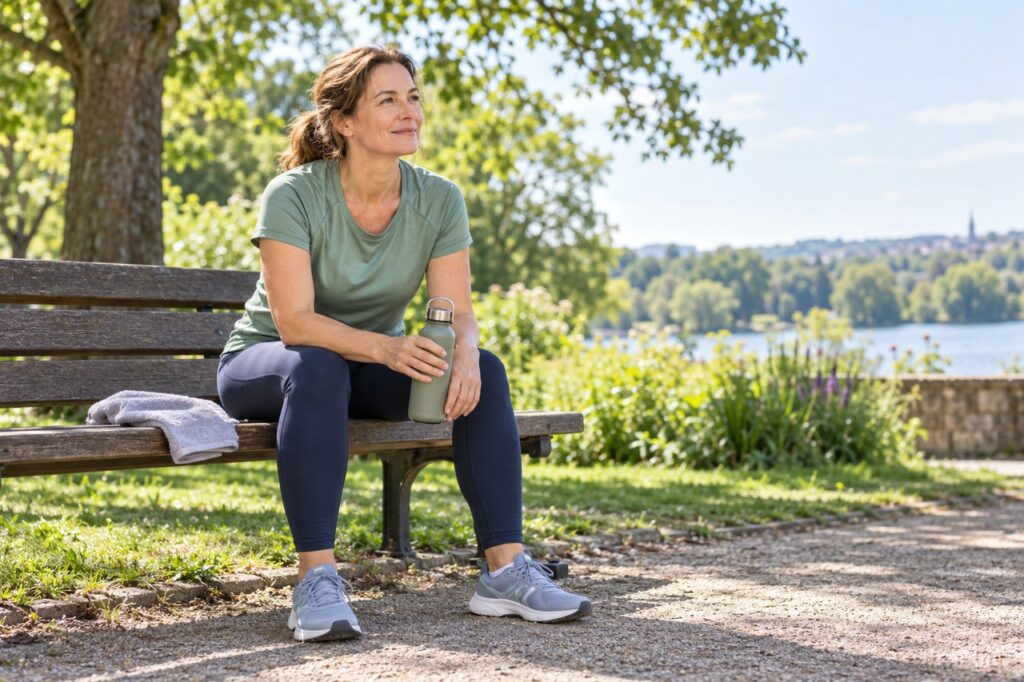 Femme en tenue sportive se reposant sur un banc de parc avec une gourde après une séance.