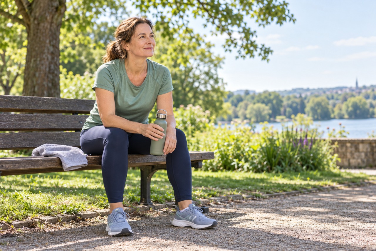 Récupération après le sport : comment gérer le repos et les courbatures quand on débute ? Femme en tenue sportive se reposant sur un banc de parc avec une gourde après une séance.